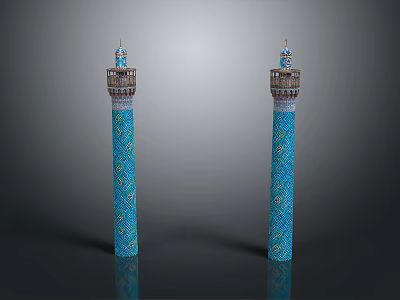 Two Blue Decorative Columns With Intricate Patterns And Ornamental Tops 3d model
