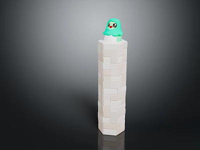 Small Green Creature Standing On Top Of Tall White Block Tower With Dark Background 3d model