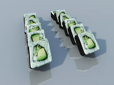 Appetizing Sushi Rolls With Fresh Avocado And Rice Arranged Neatly On Surface 3d model