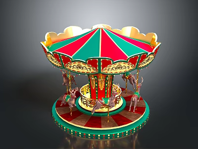 Children Enjoying Fun Carousel Ride With Red Green Canopy And Golden Decorations 3d model