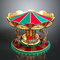 Children Enjoying Fun Carousel Ride With Red Green Canopy And Golden Decorations