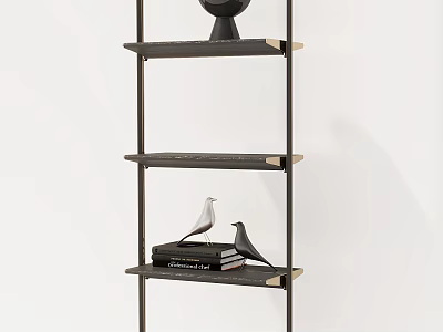 Modern Black Wooden Etagere With Layered Shelves Decorative Birds Books And Vase 3d model
