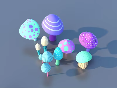 Vibrant Colorful Mushroom Ornaments With Various Patterns Shapes And Sizes 3d model