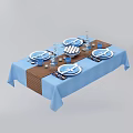 Tableware Set With Blue White Plates White Bow Forks Spoons On Brown Polka Dot Tablecloth