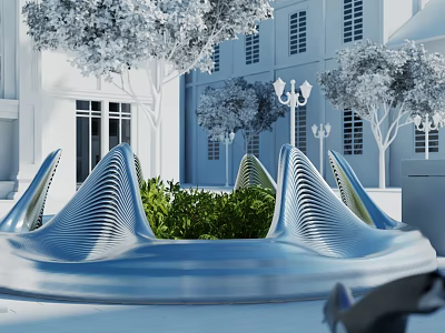 Modern Outdoor Landscape Seating With Curved Streamlined Design Green Plants And White Building 3d model