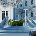 Modern Outdoor Landscape Seating With Curved Streamlined Design Green Plants And White Building