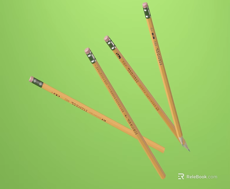 Four Yellow Pencils With Green Erasers And Black Text On Green Background 3d model 
