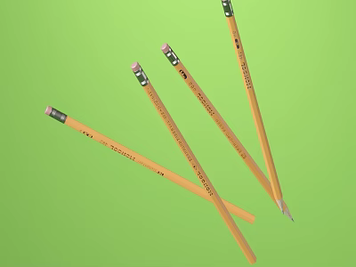 Four Yellow Pencils With Green Erasers And Black Text On Green Background 3d model
