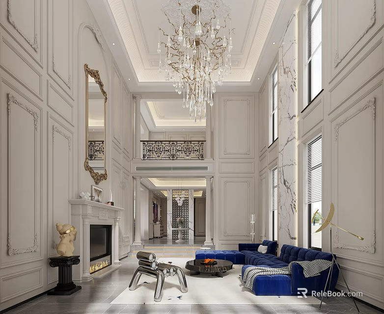 Luxurious Duplex Living Room With Chandelier Fireplace And Blue Sofa 3d model 
