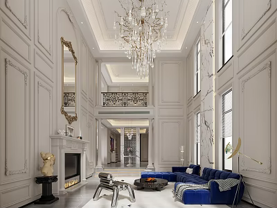 Luxurious Duplex Living Room With Chandelier Fireplace And Blue Sofa 3d model