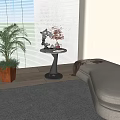 Modern Side Table With Decorative Items Next To Sofa And Green Plant 3d model
