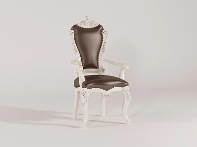 Elegant Vintage Leisure Chair With White Carved Frame Dark Leather Seat And Backrest 3d model