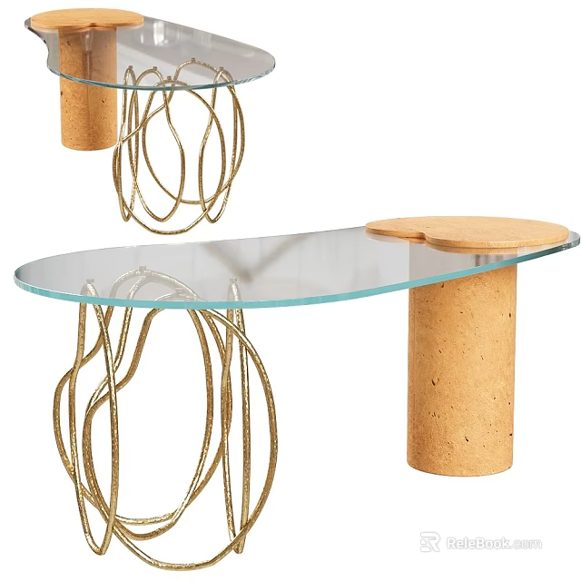 Stylish Console Table With Glass Top Golden Metal Frame And Cork Column 3d model 