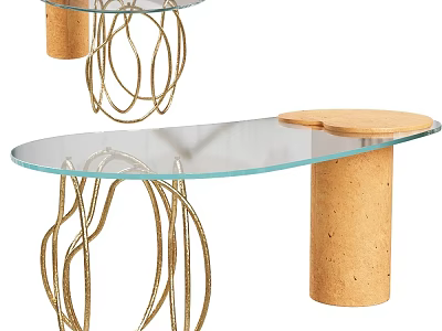 Stylish Console Table With Glass Top Golden Metal Frame And Cork Column 3d model