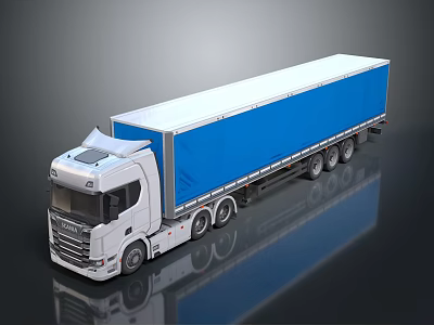 Large White Cab Blue Curtain Trailer Semi Truck On Reflective Surface 3d model
