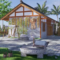 Rustic Courtyard Garden With Wooden Cabin Corn Decor Scarecrow Palm Trees And Stone Paved Path