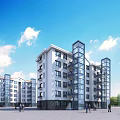 Modern Residential Building Exterior With Glass Elevator Shaft Blue Sky And People Around