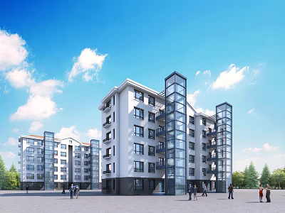 Modern Residential Building Exterior With Glass Elevator Shaft Blue Sky And People Around 3d model