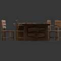 Wooden Long Table and Chairs Set with Papers on Top Placed on Pink Carpet