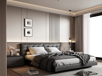 Modern Italian Bedroom Italian Light Luxury Bedroom Black and White Grey Bedroom High Grade Grey Bedroom Leather Double Bed Italian Double Bed Fabric Double Bed Master Bedroom Small Chandelier 3d model