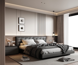 Modern Italian Bedroom Italian Light Luxury Bedroom Black and White Grey Bedroom High Grade Grey Bedroom Leather Double Bed Italian Double Bed Fabric Double Bed Master Bedroom Small Chandelier 3d model