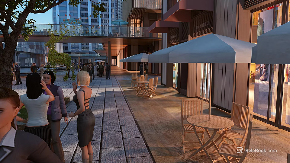 Vibrant Commercial Street With Outdoor Seating Umbrellas Pedestrians And Modern Buildings 3d model 