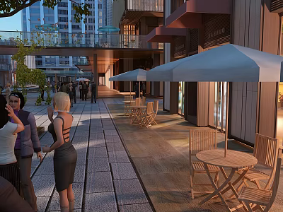 Vibrant Commercial Street With Outdoor Seating Umbrellas Pedestrians And Modern Buildings 3d model