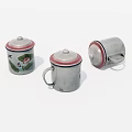 Three Gray Mugs With Red Rims Lids And Floral Patterns On White Background