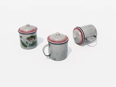 Three Gray Mugs With Red Rims Lids And Floral Patterns On White Background 3d model
