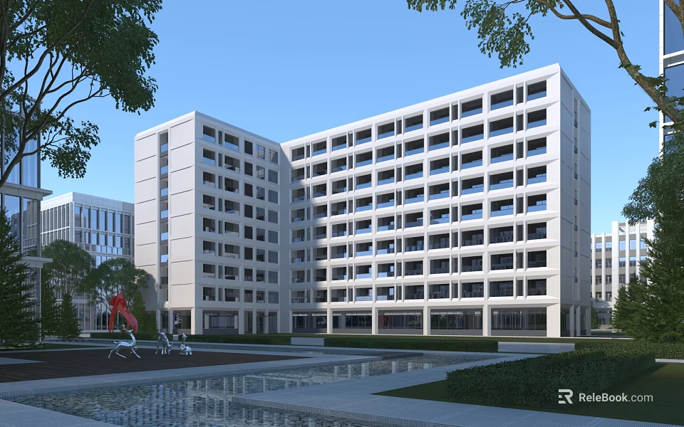 Modern Campus School Building with Large Windows Landscaped Garden and Water Feature 3d model 