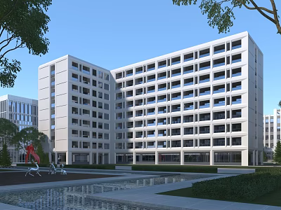 Modern Campus School Building with Large Windows Landscaped Garden and Water Feature 3d model