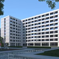 Modern Campus School Building with Large Windows Landscaped Garden and Water Feature