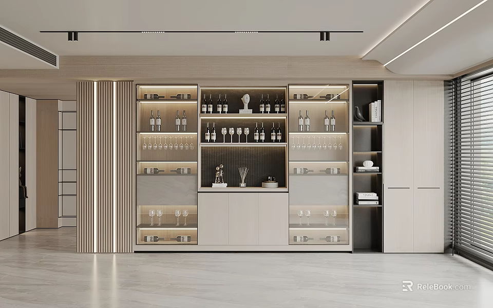 Modern Sleek Wine Cabinet Design With Glass Doors Storage Shelves And Wine Display Lighting 3d model 