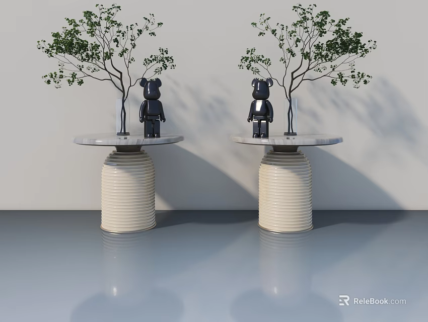 Gray Interior Flat Panel Door With Trees And Bear Statues On Pedestals 3d model