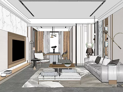 Modern Living and Dining Room Interior Design With Sofa TV Wall Dining Table And Chandelier 3d model