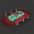 Black Sports Car Display On Red Carpet With Golden Stanchions And Ropes
