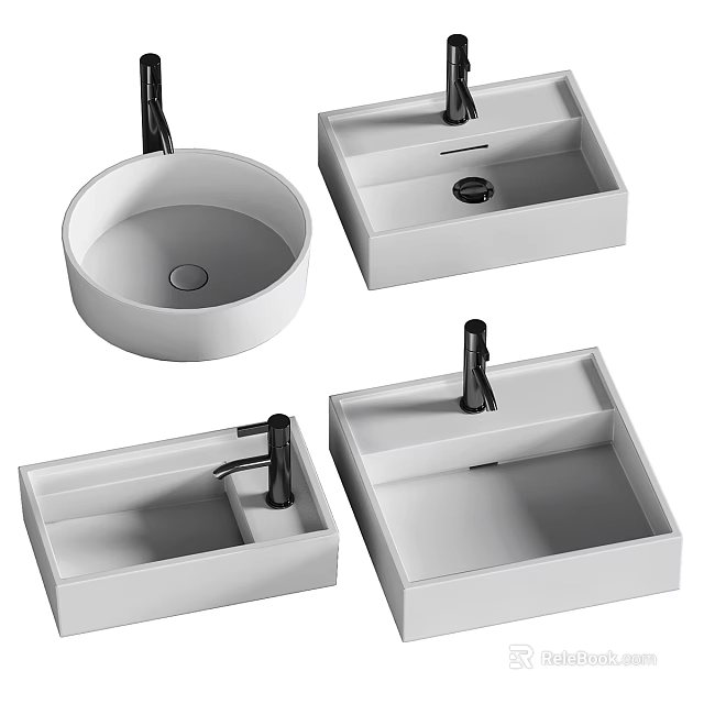 Set of White Ceramic Countertop Washbasins with Black Faucets and Various Shapes 3d model 