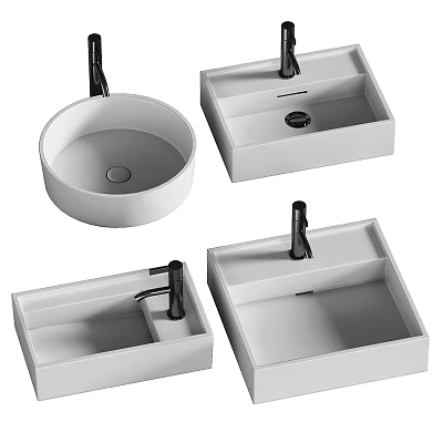 Set of White Ceramic Countertop Washbasins with Black Faucets and Various Shapes 3d model