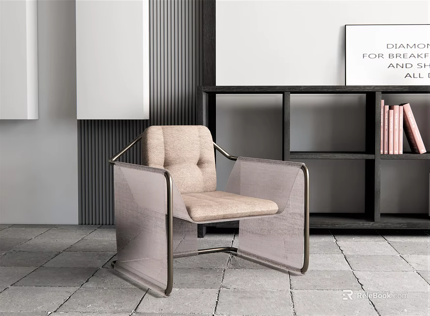 Modern Leisure Chair With Beige Cushion And Metal Frame By Bookshelf In Interior 3d model 
