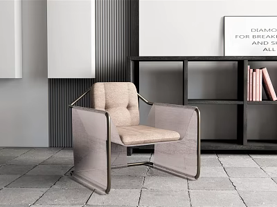 Modern Leisure Chair With Beige Cushion And Metal Frame By Bookshelf In Interior 3d model