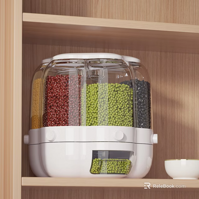 Wooden Kitchen Cabinets Interior Featuring Transparent Storage Container With Colorful Grains And Beans 3d model 