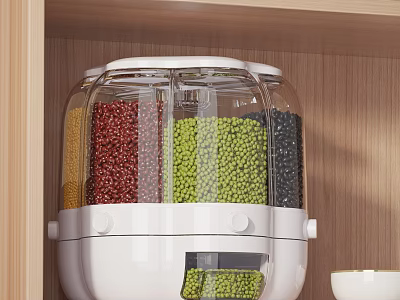 Wooden Kitchen Cabinets Interior Featuring Transparent Storage Container With Colorful Grains And Beans 3d model