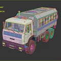 White Truck 3D Model With Blue Stripe Roof Lights And Multiple Wheels