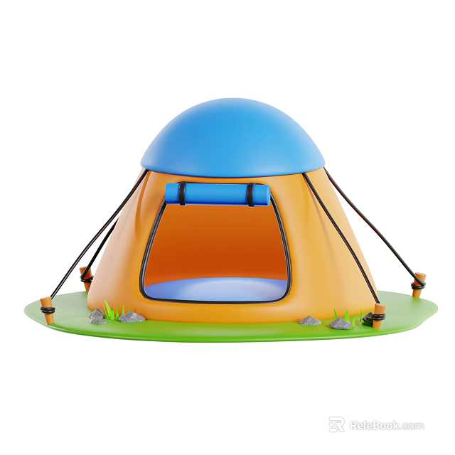 Tent Shaped Decorative Ornament Set With Blue Top Orange Body Green Grass Base And Stones 3d model 