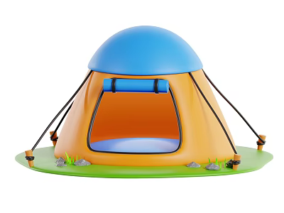 Tent Shaped Decorative Ornament Set With Blue Top Orange Body Green Grass Base And Stones 3d model