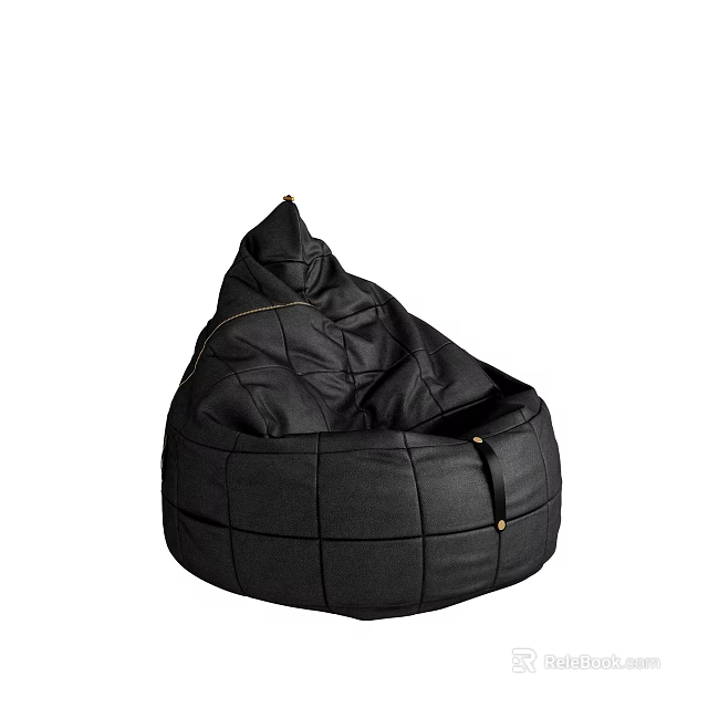Black Leather Bean Bag Chair With Quilted Design And Metal Accents For Cozy Lounge Seating 3d model 
