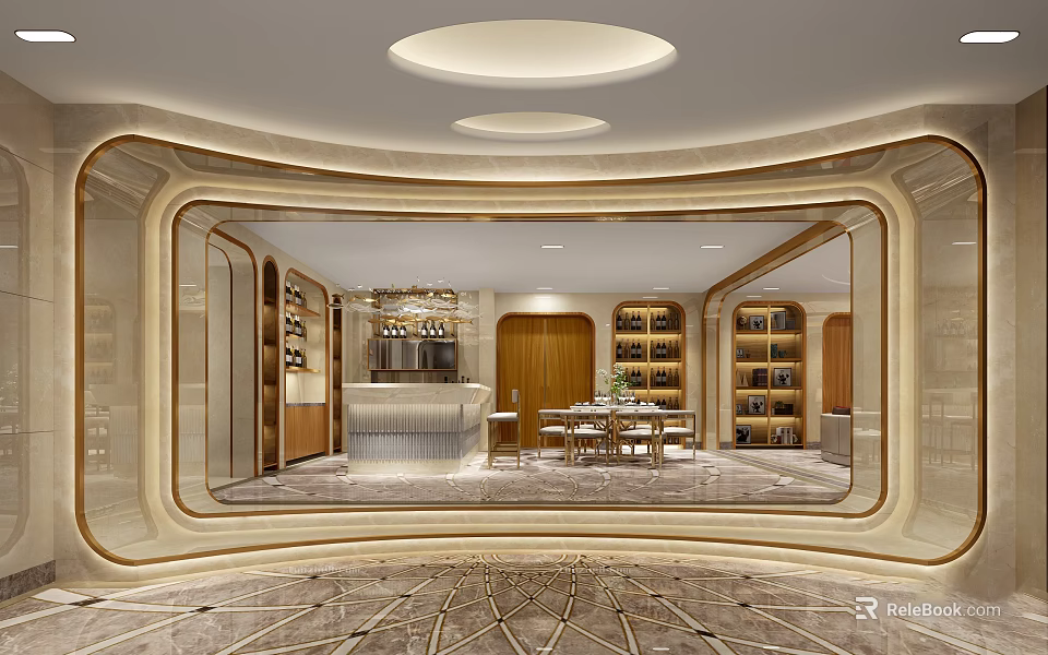 Modern Lounge Area Interior With Bookshelves Wine Cabinet Dining Table And Comfortable Seats 3d model 