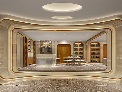 Modern Lounge Area Interior With Bookshelves Wine Cabinet Dining Table And Comfortable Seats 3d model