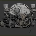 Vintage Metal Car Engine Components With Dual Cylindrical Parts And Circular Grille