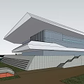 Modern Waterfront Building Exterior Design With White Geometric Structure And Large Glass Windows On Water